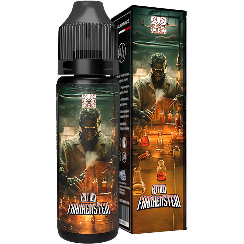 Flacon d'e-liquide Potion Frankenstein Tribal Force avec illustration de savant fou et boîte assortie aux tons sombres.
