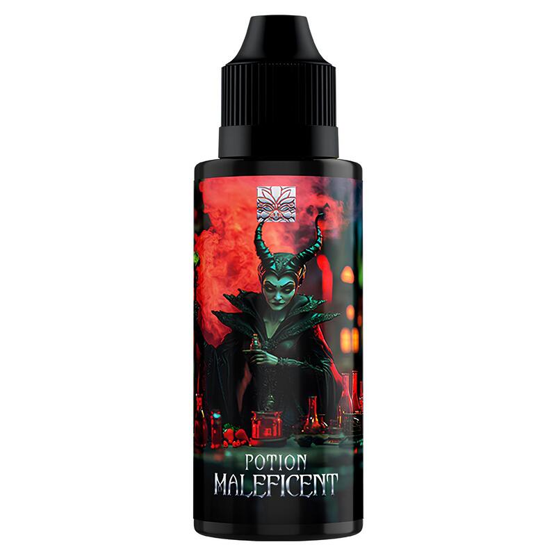 Flacon d'e-liquide Potion Maleficent Tribal Force avec étiquette illustrée d'une sorcière mystique et fruits rouges.