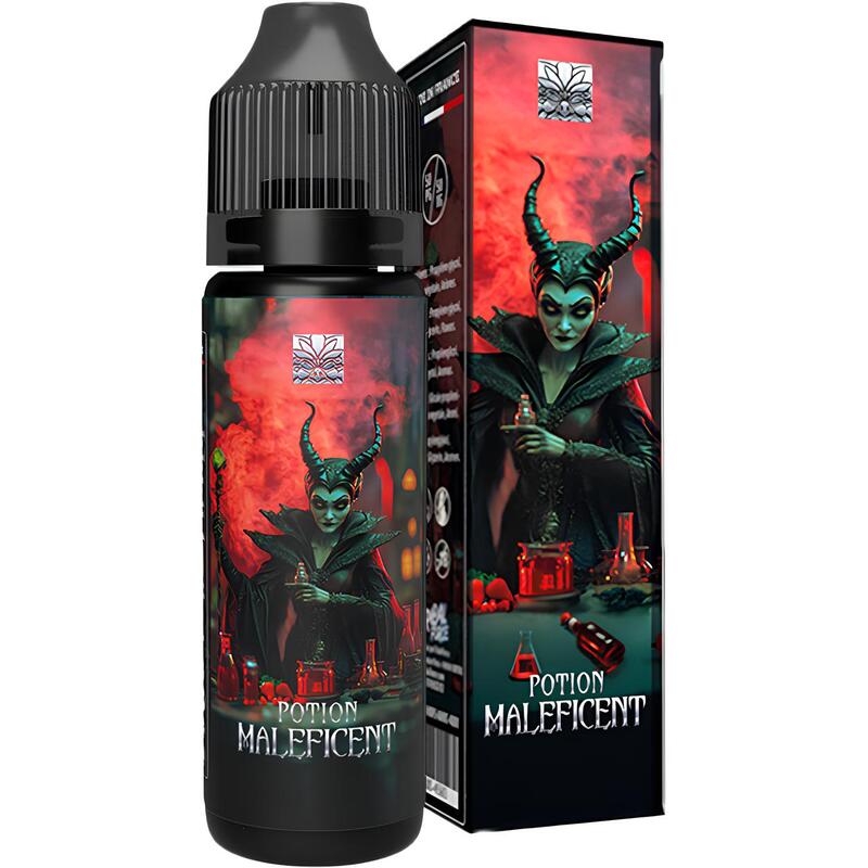 Flacon et boîte d'e-liquide Potion Maleficent Tribal Force avec illustration de sorcière sur fond rouge et noir.