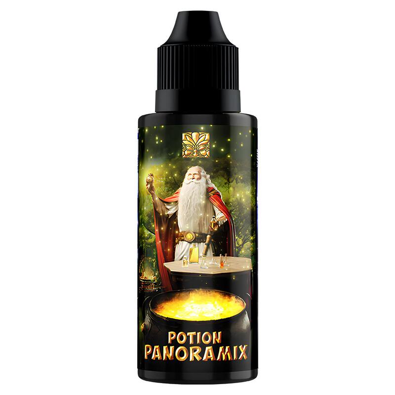 Flacon de e-liquide Potion Panoramix Tribal Force avec illustration d'un druide et d'une potion magique dorée sur fond noir.