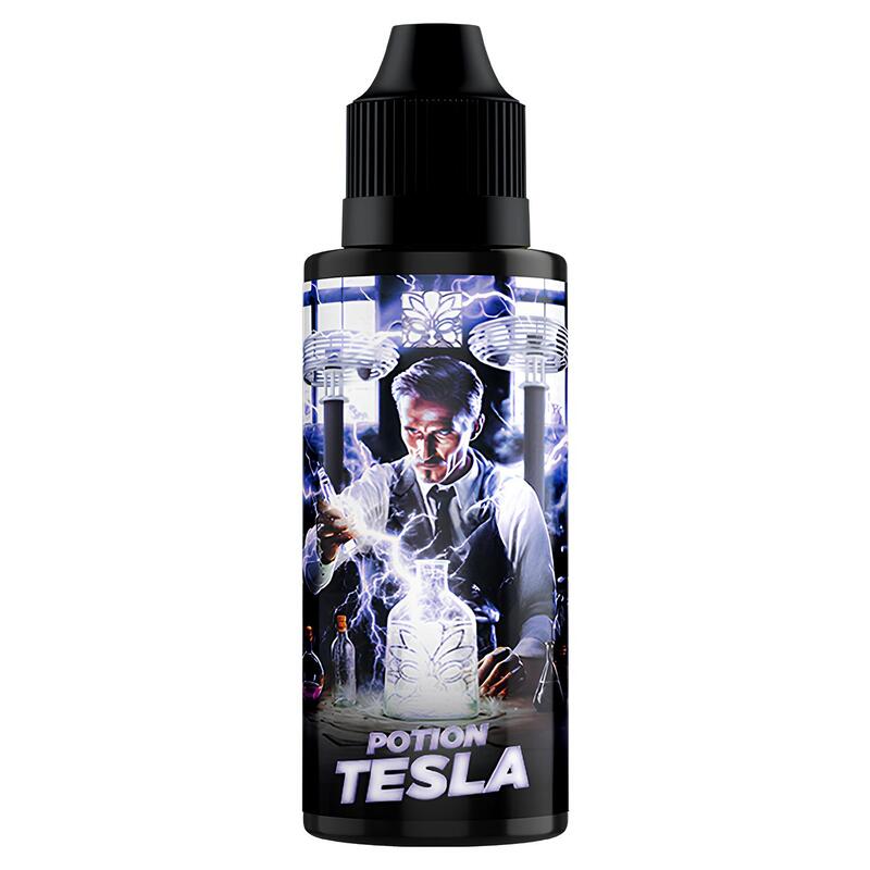Flacon d'e-liquide Potion Tesla Tribal Force avec étiquette illustrée représentant Nikola Tesla et des éclairs violets.