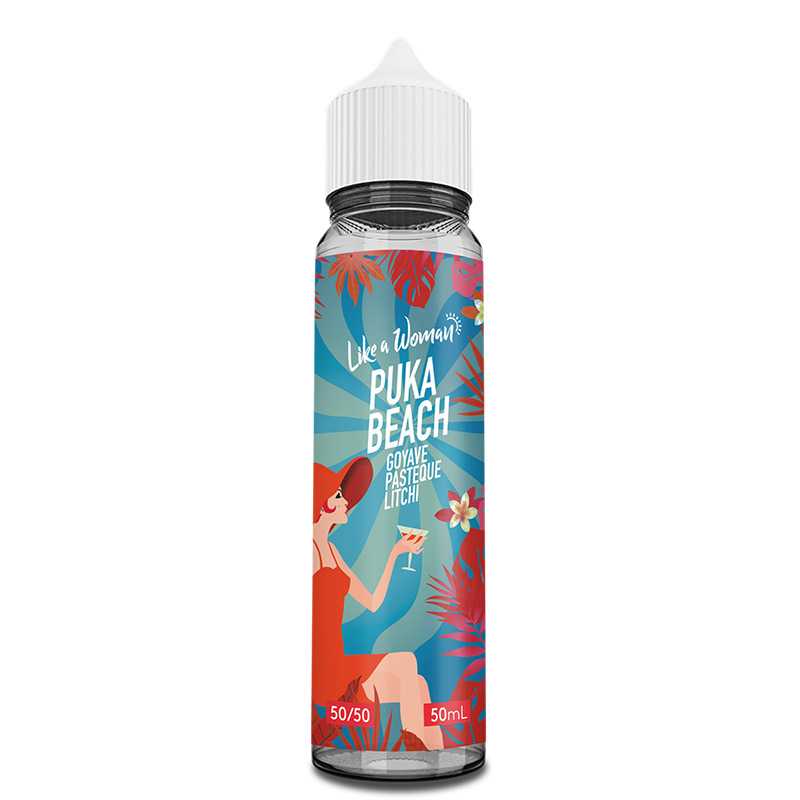 Flacon d'e-liquide Puka Beach 50ml avec étiquette colorée illustrant une femme en robe rouge sur fond de plage tropicale.
