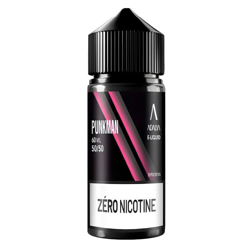 Flacon d'e-liquide Adalya Punkman 60ml noir avec étiquette graphique rose et blanche, bouchon noir, sans nicotine.