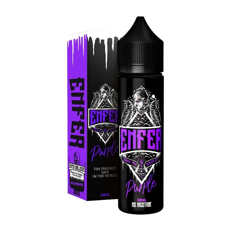 Flacon de 50ml et boîte d'e-liquide Enfer Purple avec design violet, tête de mort et graphismes sombres.