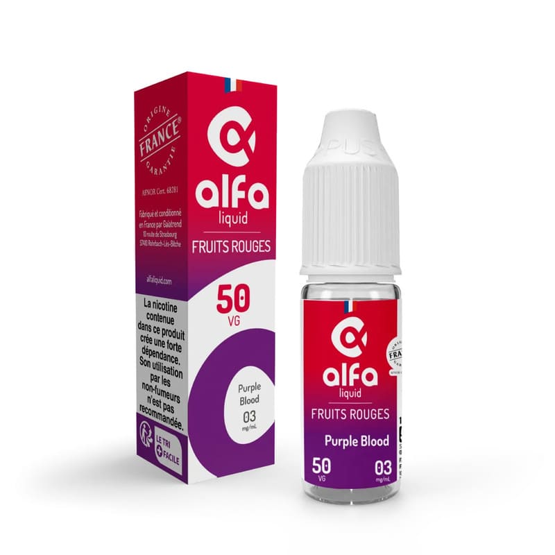 Flacon de 10ml d'e-liquide Alfaliquid Purple Blood avec boîte rouge et violette, saveurs fruits rouges et menthol.