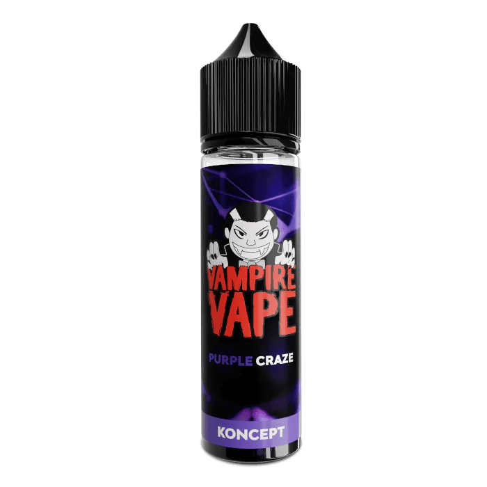 Flacon de 50ml d'e-liquide Vampire Vape Purple Craze avec étiquette violette, logo vampire et bouchon noir.