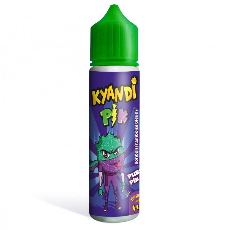 Flacon d'e-liquide Purple Pik 50ml Kyandi Shop avec bouchon vert, étiquette violette illustrée d'un personnage bonbon.