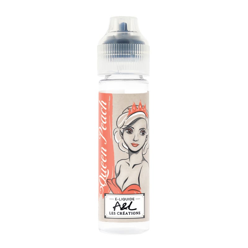 Flacon de 50ml Queen Peach A&L Les Créations avec étiquette illustrée d'une reine et touches de couleur pêche.