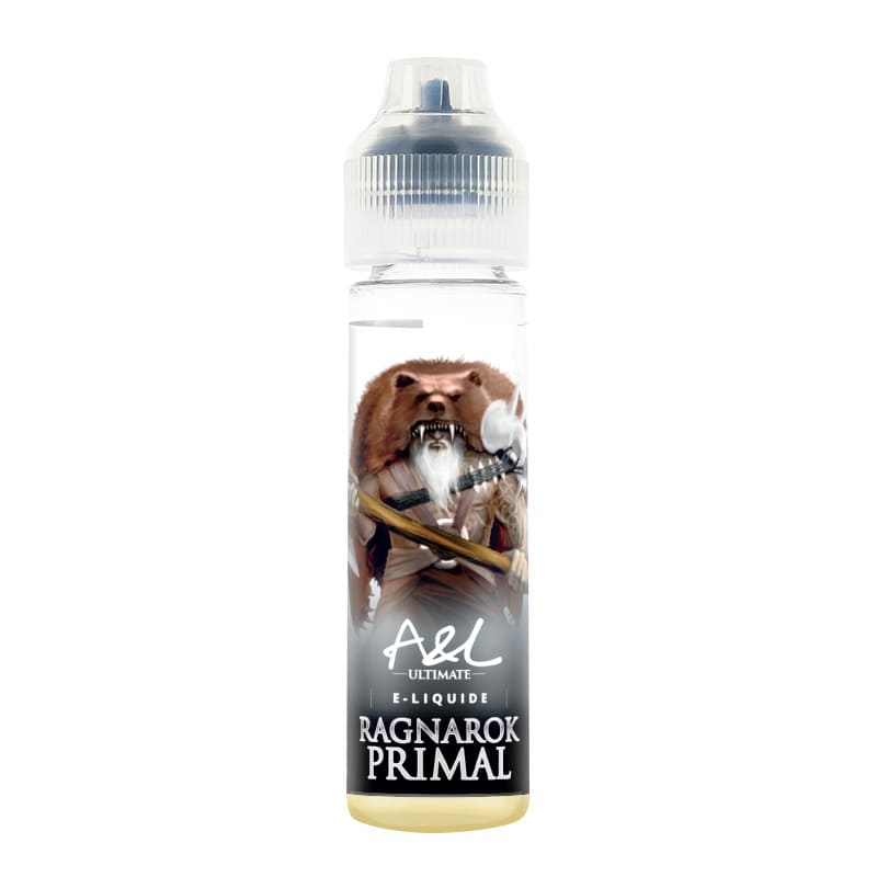 Flacon de 50ml d'e-liquide A&L Ragnarok Primal avec étiquette illustrée d'un guerrier ours et bouchon transparent.