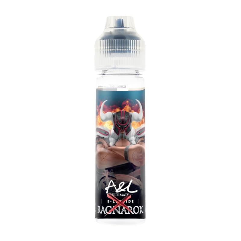 Flacon de 50ml A&L Ultimate Ragnarok X avec étiquette illustrée d'un guerrier viking sur fond de flammes.