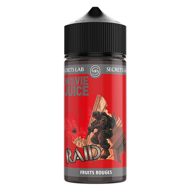 Flacon de 100ml E-liquide Raid Movie Juice par Secret's Lab, étiquette rouge illustrée avec un soldat en action.