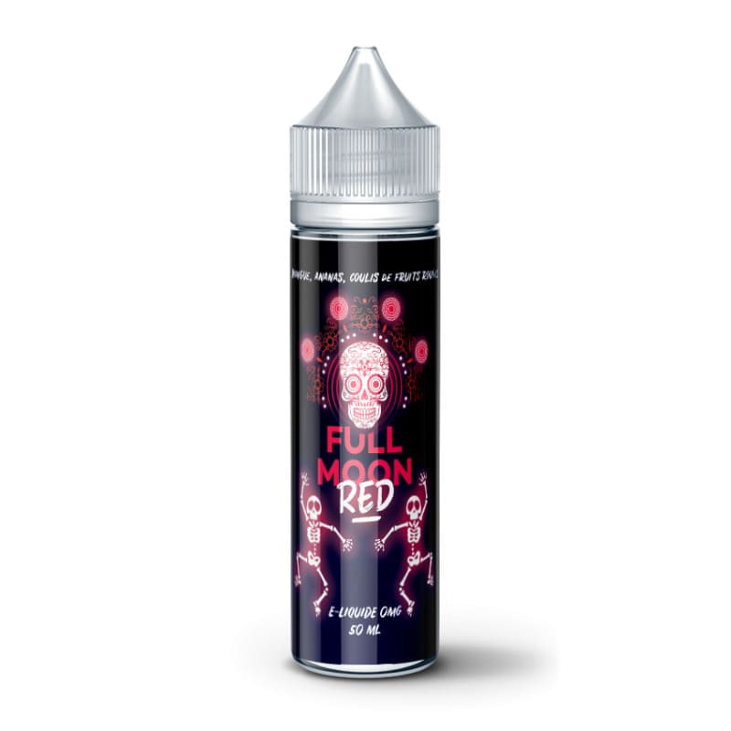 Flacon de 50ml d'e-liquide Full Moon Red avec étiquette noire, motif de crâne mexicain et squelettes rouges.