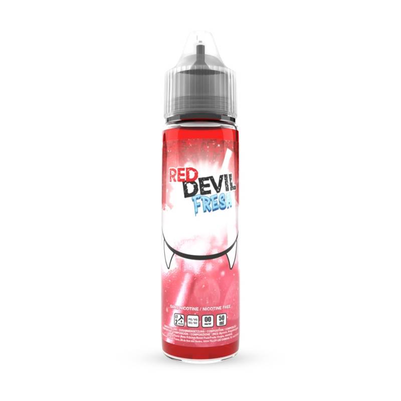 Flacon de 50ml de e-liquide Red Devil Fresh Summer avec étiquette rouge, logo vampire et bouchon transparent.