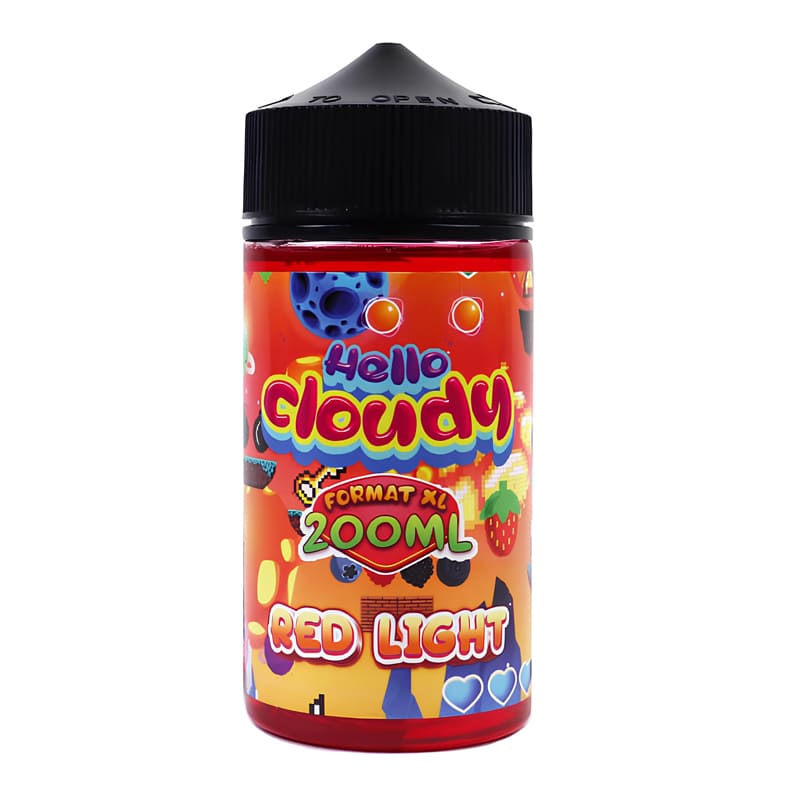 Flacon unicorn de 200ml d'e-liquide Red Light Hello Cloudy avec étiquette colorée aux motifs de fruits rouges et cassis.