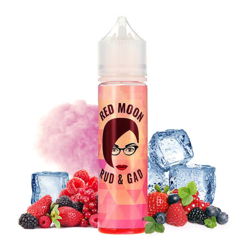 Flacon de 50ml d'e-liquide Red Moon Rud & Gad avec illustration de visage, entouré de fruits rouges, glaçons et barbe à papa.