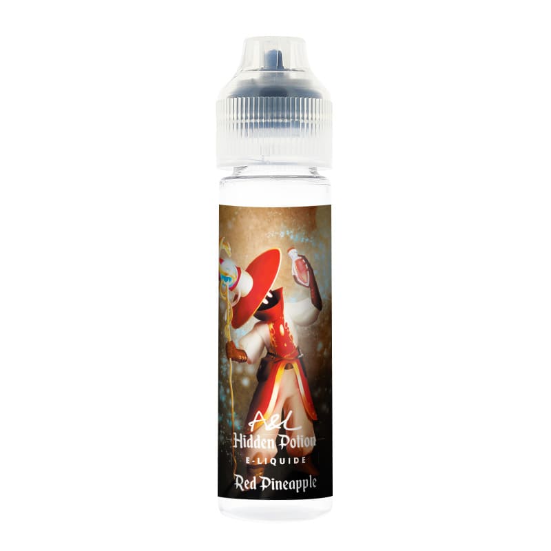 Flacon de 50ml A&L Hidden Potion Red Pineapple avec étiquette illustrée d'un personnage fantastique sur fond doré.