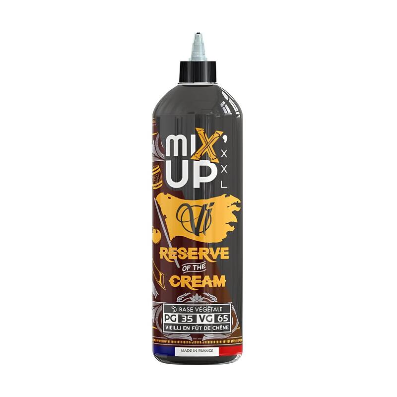 Flacon d'e-liquide 1L Mix'up XXL Vape Institut, étiquette noire et orange avec logo, bouchon noir, base végétale 35/65.