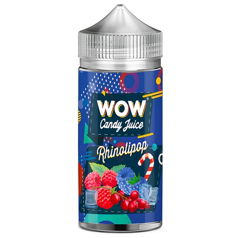 Flacon de 100ml d'e-liquide Rhinolipop Wow Candy Juice avec étiquette bleue illustrée de framboises, groseilles et bonbons.