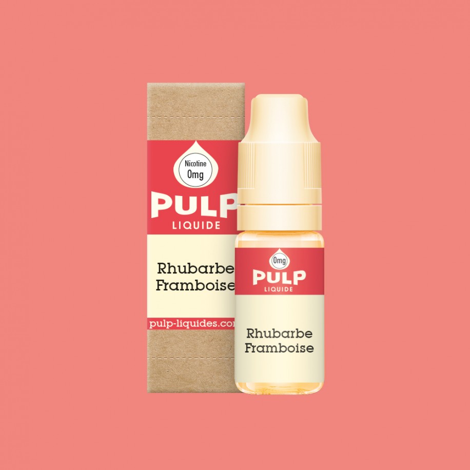 Flacon de 10ml et boîte en carton PULP Original Rhubarbe Framboise avec étiquette rouge et bouchon crème.