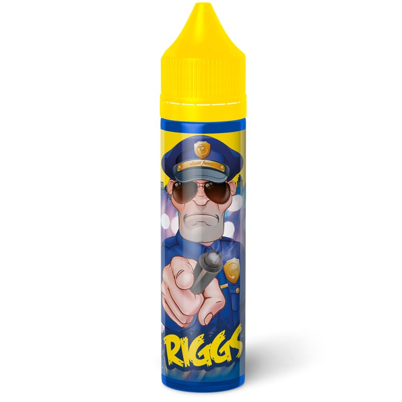 Flacon de 50ml Riggs Cop Juice avec bouchon jaune, illustré d'un personnage policier sur fond bleu urbain.