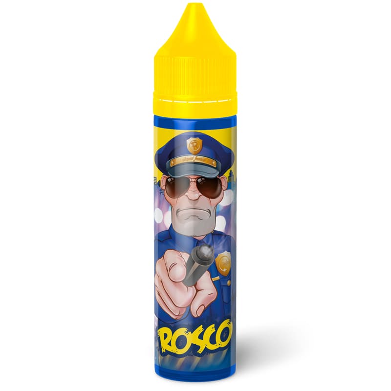 Flacon de 50ml E-liquide Rosco Cop Juice avec bouchon jaune, illustré d'un personnage policier sur fond bleu.