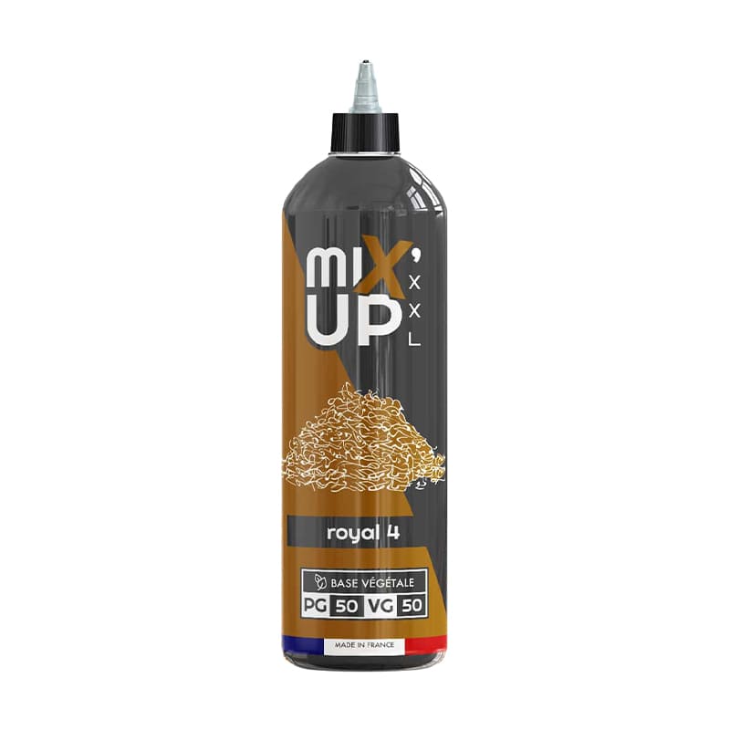 Flacon de 1L d'e-liquide Royal 4 Mix'Up XXL, tabac blond, caramel et vanille, ratio 50/50 PG/VG, fabriqué en France.