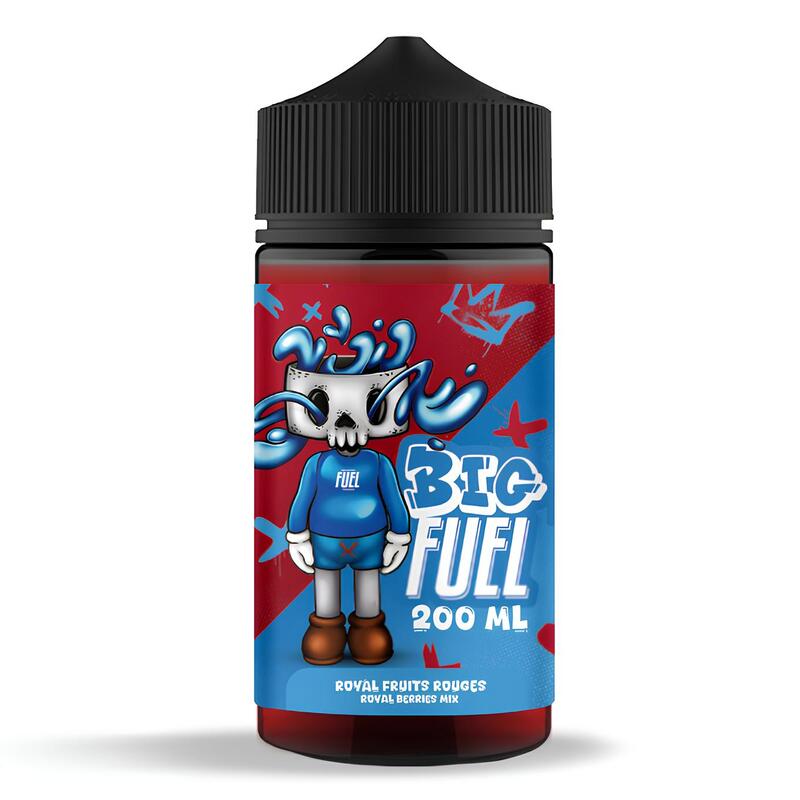 Flacon d'e-liquide Big Fuel 200ml Royal Fruits Rouges avec étiquette illustrée style graffiti bleu et rouge.