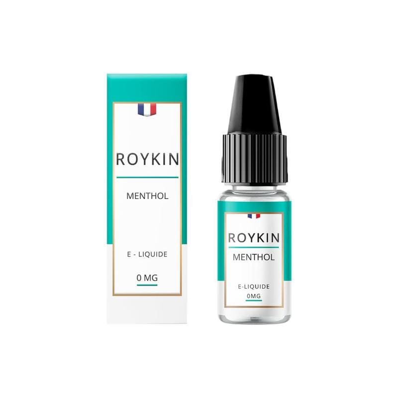 Flacon d'e-liquide Roykin Menthol 10ml avec sa boîte blanche et turquoise, bouchon noir et étiquette 0mg.