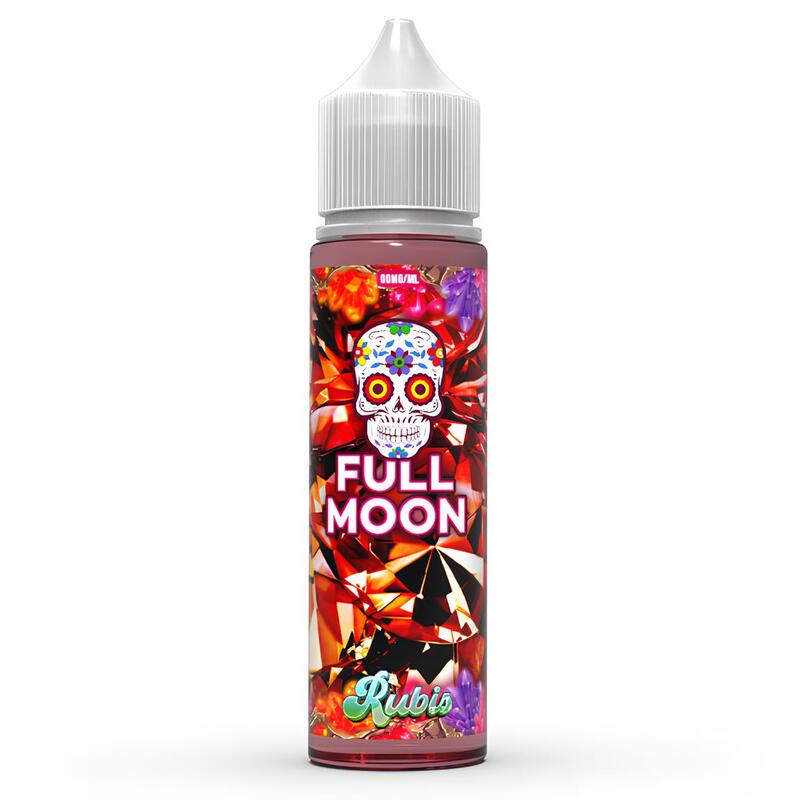 Flacon d'e-liquide Rubis 50ml Full Moon Diam's avec étiquette colorée ornée d'un crâne mexicain sur fond de diamants rouges.
