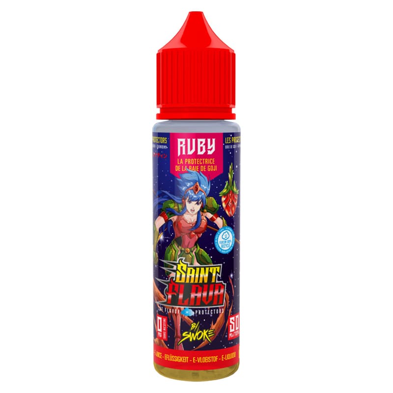 Flacon d'e-liquide Ruby 50ml Saint Flava avec bouchon rouge, étiquette manga colorée et design fruité sur fond étoilé.