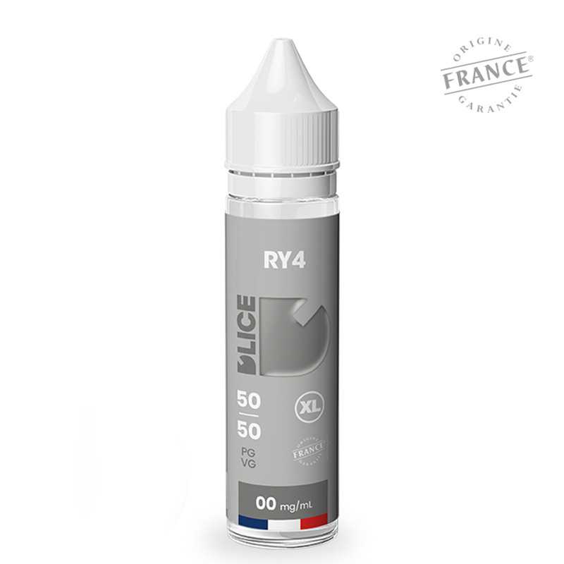 Flacon d'e-liquide D'LICE XL RY4 50ml gris avec bouchon blanc, étiquette mentionnant 50/50 PG/VG et Origine France Garantie.