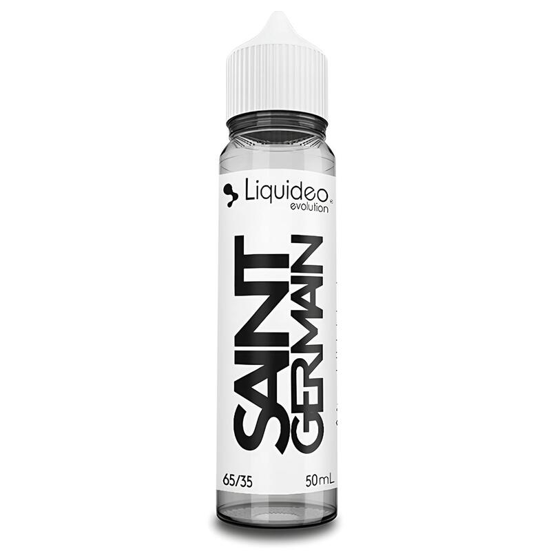 Flacon de 50ml Liquideo Evolution Saint-Germain avec étiquette blanche, texte noir et bouchon blanc sur fond blanc.