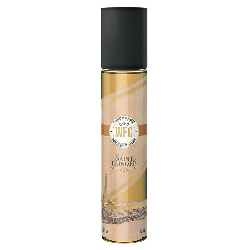 Flacon de 40ml d'e-liquide Saint Honoré WFC Savourea avec étiquette beige illustrée et bouchon noir.