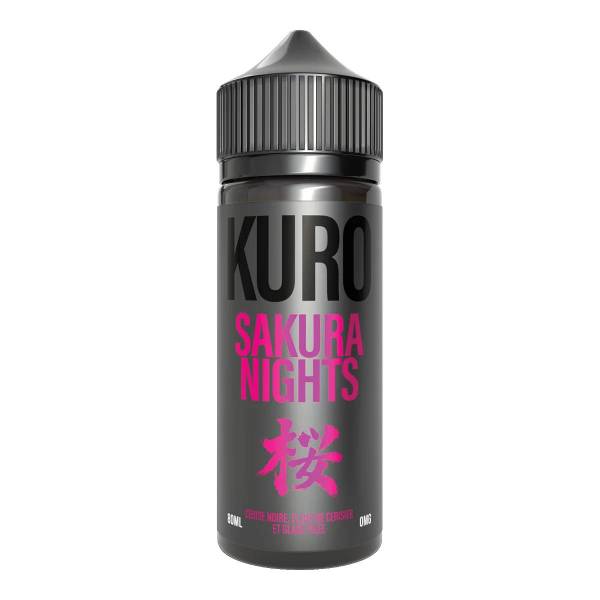 Flacon d'e-liquide Kuro Sakura Nights 80ml noir avec lettrage rose vif et symbole japonais sur fond sombre.