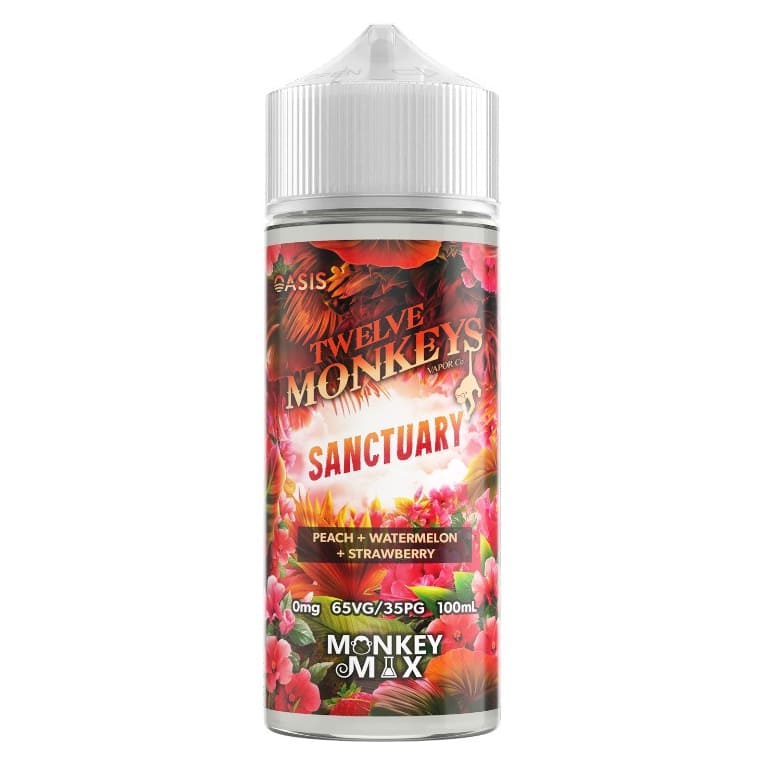 Flacon d'e-liquide Twelve Monkeys Sanctuary avec étiquette tropicale colorée, fleurs rouges et fruits, bouchon blanc.
