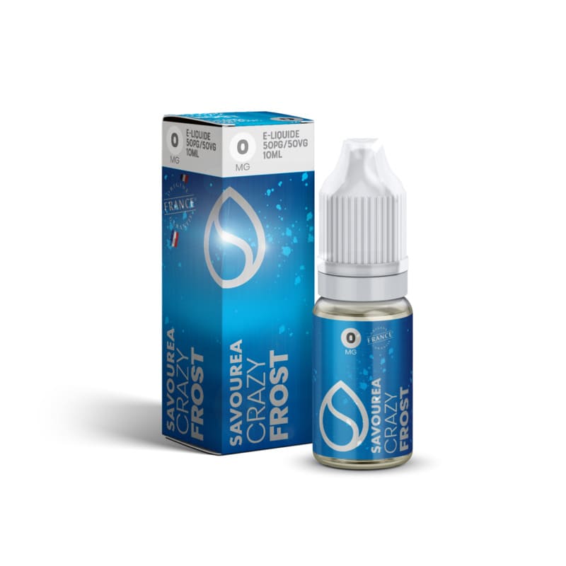 Flacon de 10ml Savourea Crazy Frost et sa boîte bleue glacée avec logo goutte d'eau et bouchon blanc.