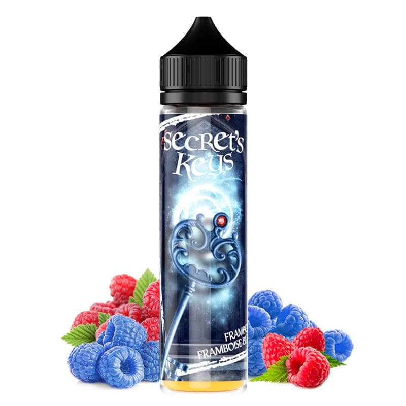 Flacon de 50ml Blue Key Secret's Lab avec étiquette illustrée d'une clé bleue, entouré de framboises rouges et bleues.