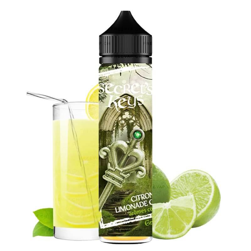 Flacon de 50ml Green Key Secret's Lab avec étiquette illustrée d'une clé, accompagné d'un verre de limonade et citrons verts.