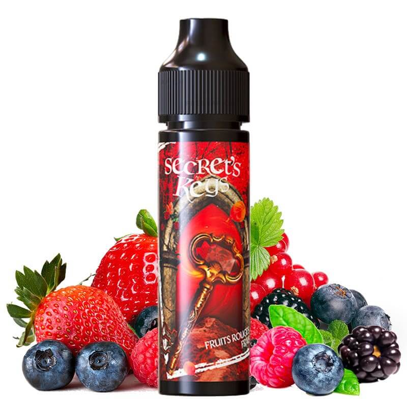 Flacon de e-liquide Red Key 50ml Secret's Lab avec étiquette rouge illustrée d'une clé, entouré de fraises et de baies.
