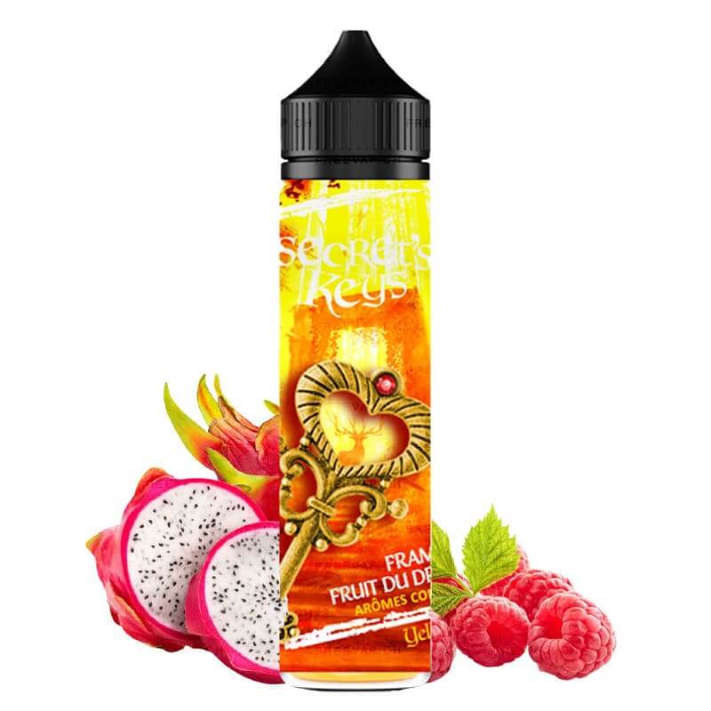 Flacon de 50ml Yellow Key Secret's Keys avec étiquette jaune, motif de clé dorée, pitaya et framboises fraîches.