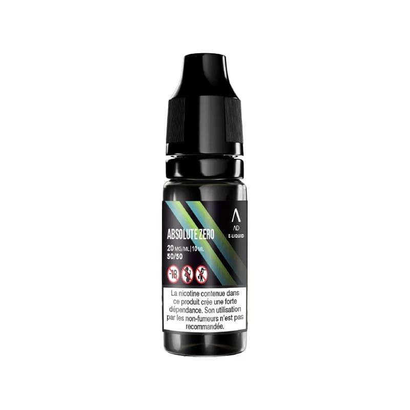 Flacon d'e-liquide Adalya Absolut Zero 10ml avec bouchon noir et étiquette aux accents bleus et verts.