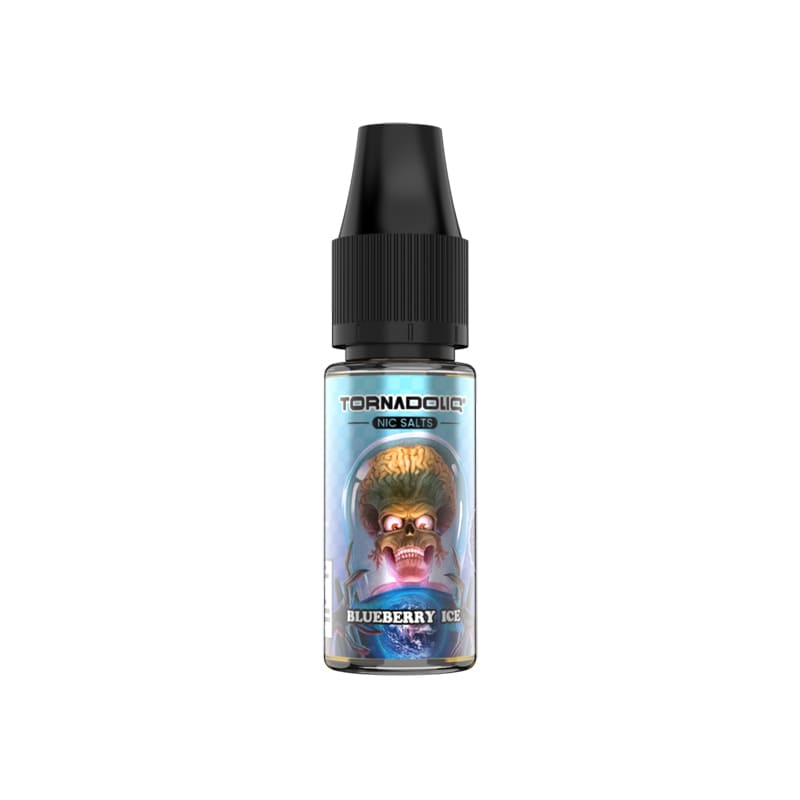 Flacon de 10ml TornadoLiq Blueberry Ice avec bouchon noir et étiquette illustrée d'un alien sur fond bleu givré.
