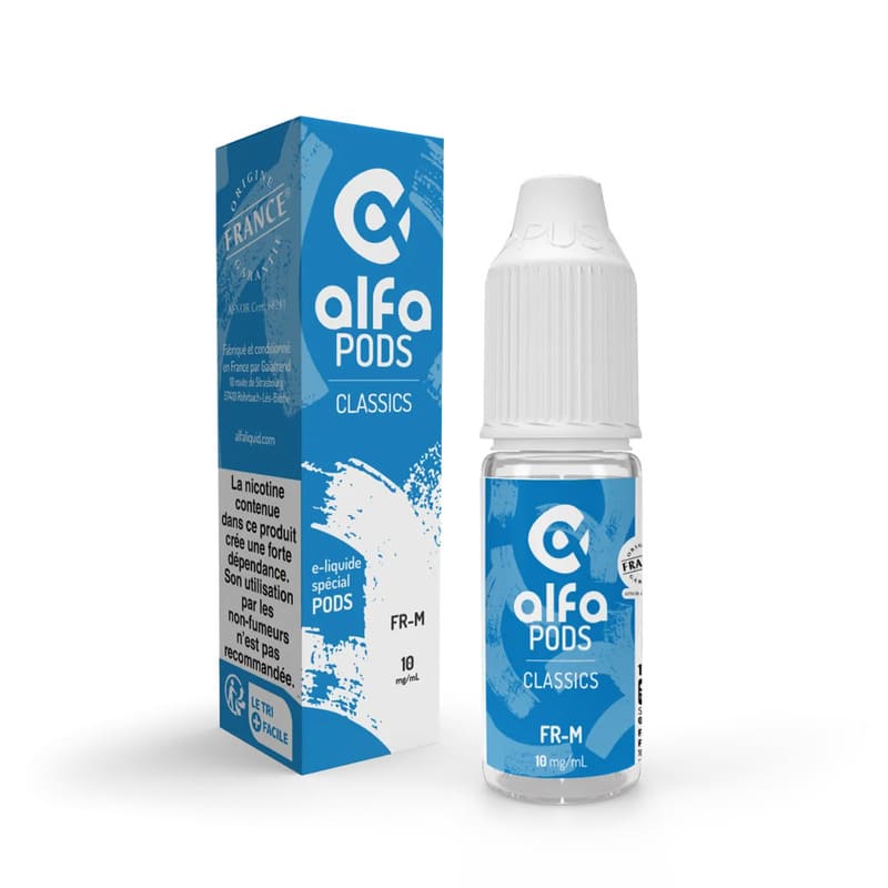 Flacon d'e-liquide AlfaPODS FR-M 10ml avec sels de nicotine et son emballage bleu et blanc, design sobre et élégant.