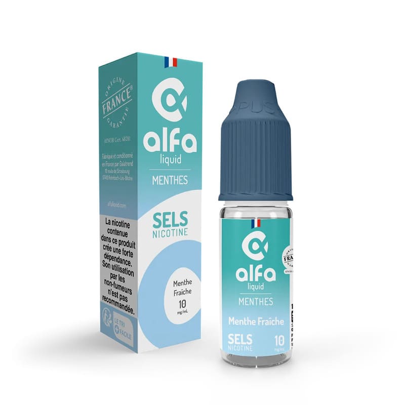 Flacon de 10ml d'e-liquide Alfaliquid Menthe Fraîche aux sels de nicotine avec son étui bleu et blanc.