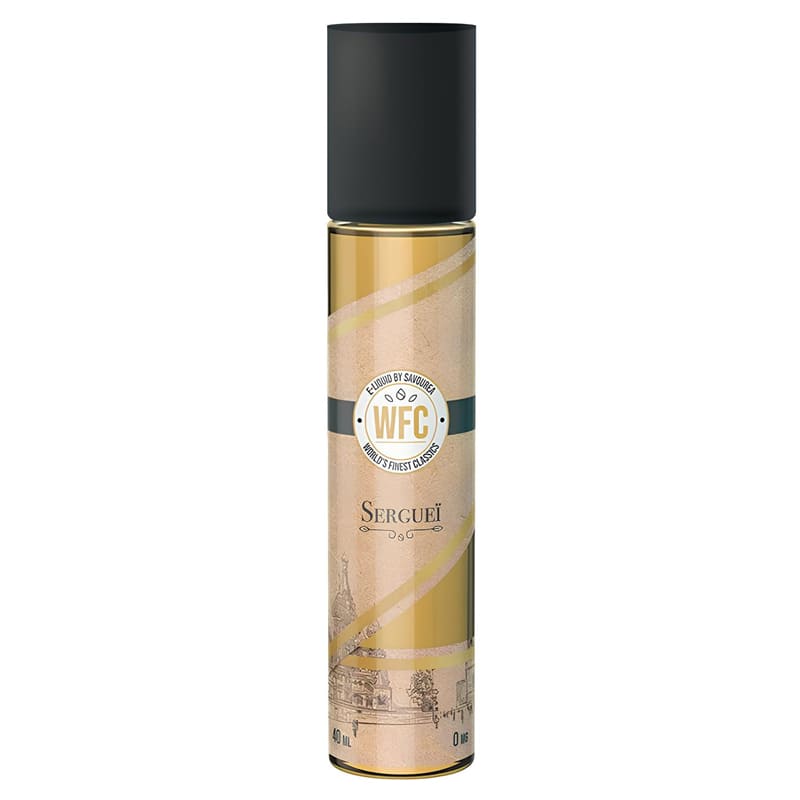 Flacon de 40ml d'e-liquide Sergueï WFC Savourea avec étiquette beige illustrée, bouchon noir et design élégant.