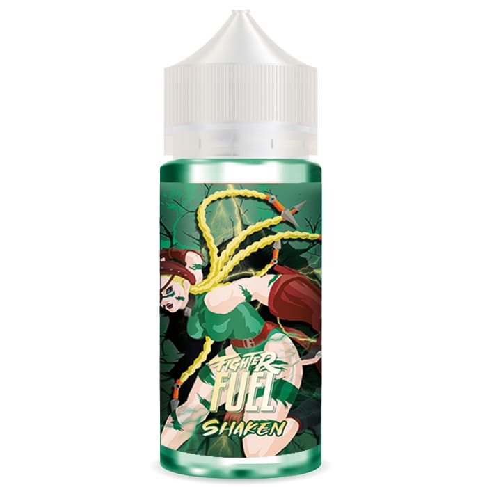 Flacon de e-liquide Fighter Fuel Shaken avec illustration de personnage manga sur fond vert électrique et bouchon blanc.