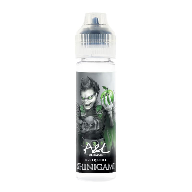Flacon de 50ml A&L Ultimate Shinigami avec étiquette illustrée d'un personnage fantastique tenant une pomme verte.