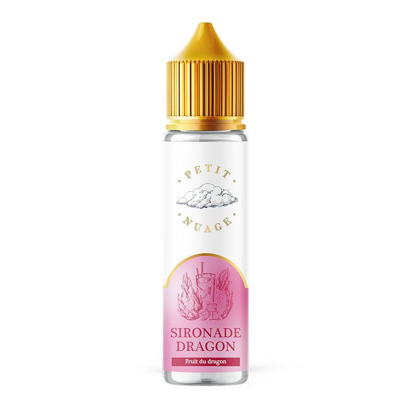 Flacon d'e-liquide Petit Nuage Sironade Dragon 50ml avec bouchon doré et étiquette rose illustrée de fruits du dragon.