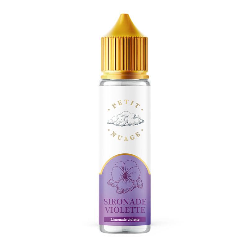 Flacon d'e-liquide Petit Nuage Sironade Violette 50ml avec bouchon jaune et étiquette illustrée d'une fleur de violette.