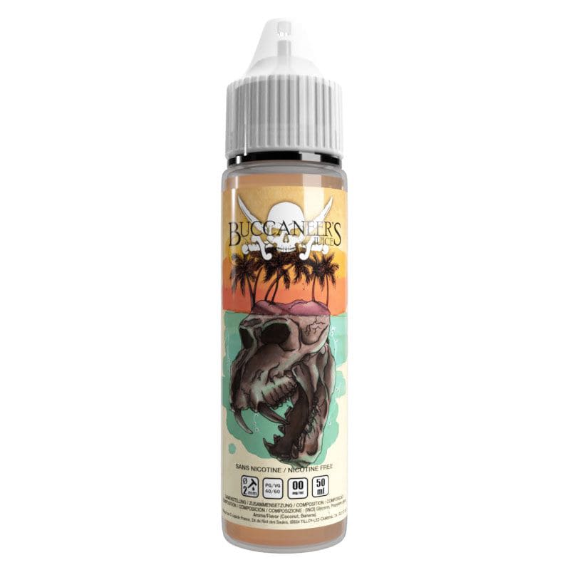 Flacon de 50ml d'e-liquide Skull Islande Buccaneer's Juice avec étiquette illustrée d'un crâne et décor tropical.